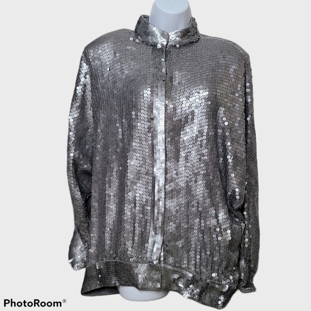 NwT 80s Vintage Silver Sequin Beaded Bomber Jacket